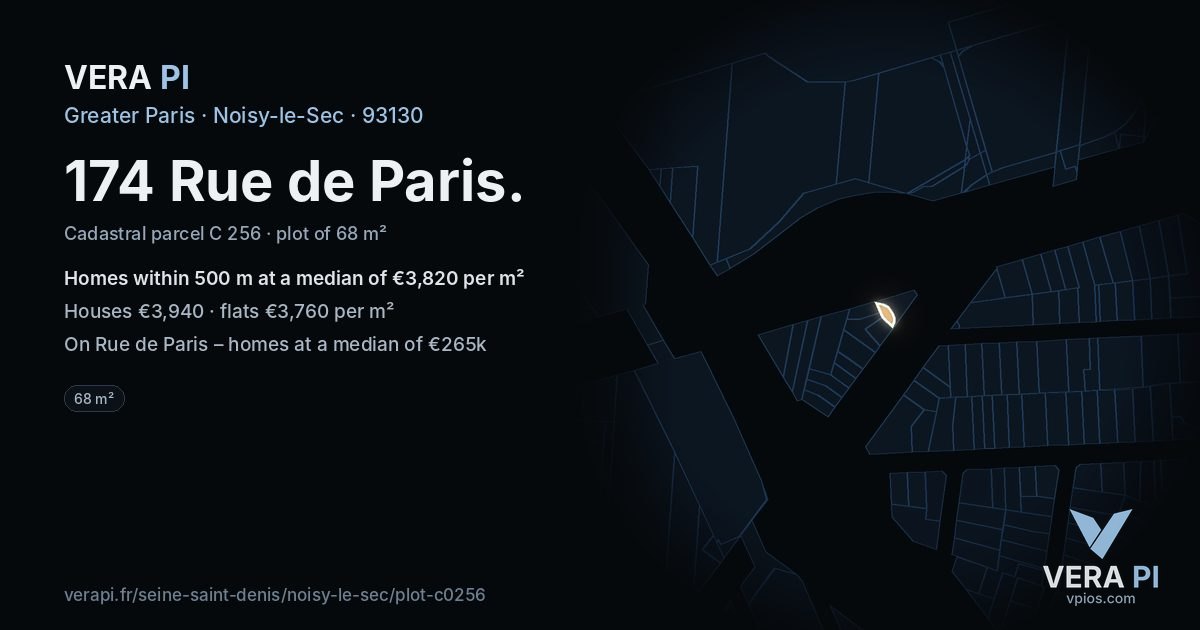 174 Rue de Paris, Noisy-le-Sec at night – the plot lit, the parcels around coloured by the prices near them