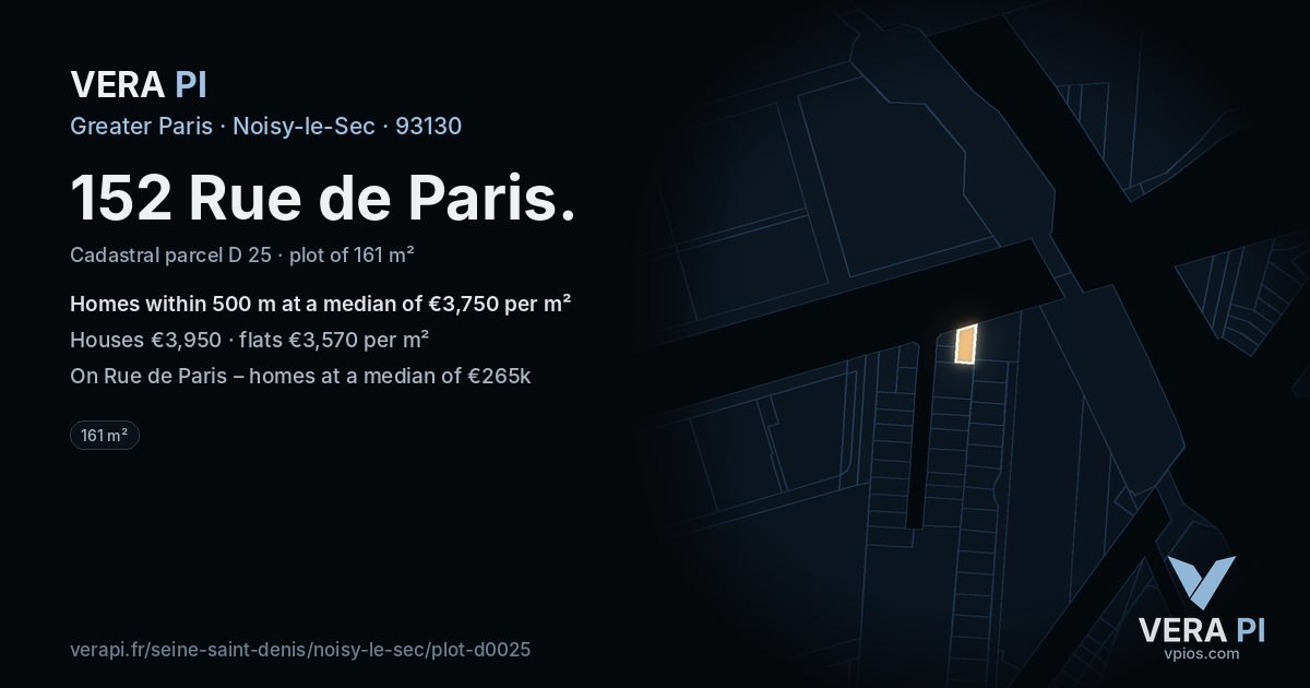 152 Rue de Paris, Noisy-le-Sec at night – the plot lit, the parcels around coloured by the prices near them