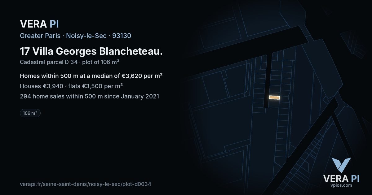 17 Villa Georges Blancheteau, Noisy-le-Sec at night – the plot lit, the parcels around coloured by the prices near them