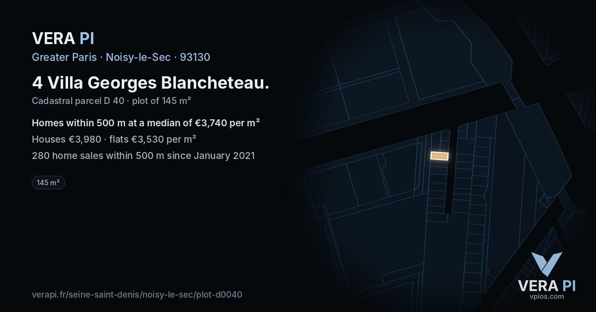 4 Villa Georges Blancheteau, Noisy-le-Sec at night – the plot lit, the parcels around coloured by the prices near them