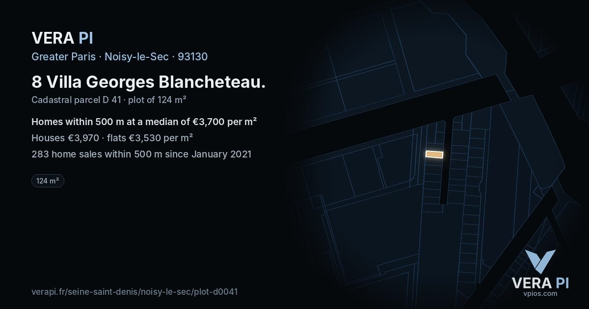 8 Villa Georges Blancheteau, Noisy-le-Sec at night – the plot lit, the parcels around coloured by the prices near them