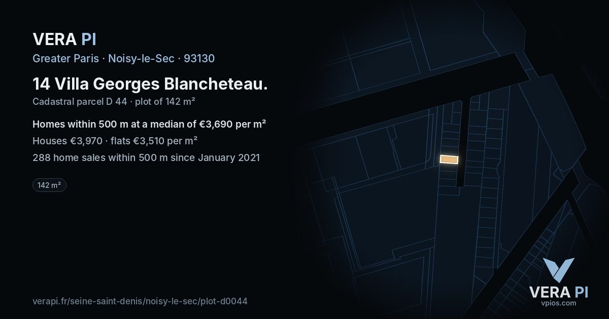 14 Villa Georges Blancheteau, Noisy-le-Sec at night – the plot lit, the parcels around coloured by the prices near them