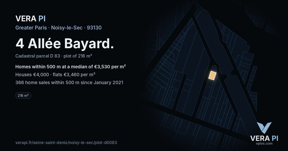 4 Allée Bayard, Noisy-le-Sec at night – the plot lit, the parcels around coloured by the prices near them