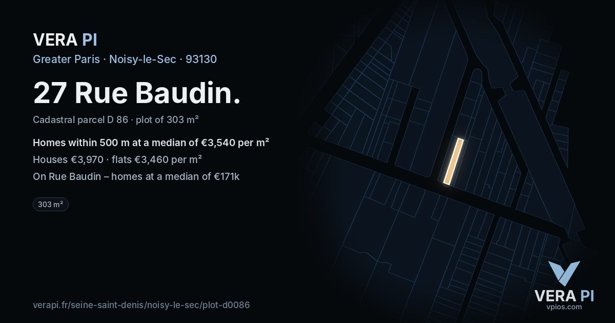 27 Rue Baudin, Noisy-le-Sec at night – the plot lit, the parcels around coloured by the prices near them