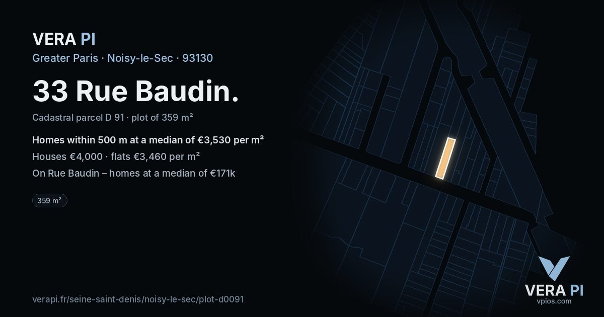 33 Rue Baudin, Noisy-le-Sec at night – the plot lit, the parcels around coloured by the prices near them