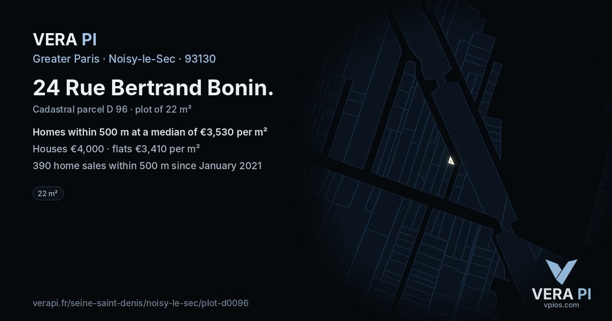 24 Rue Bertrand Bonin, Noisy-le-Sec at night – the plot lit, the parcels around coloured by the prices near them