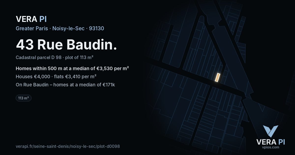 43 Rue Baudin, Noisy-le-Sec at night – the plot lit, the parcels around coloured by the prices near them