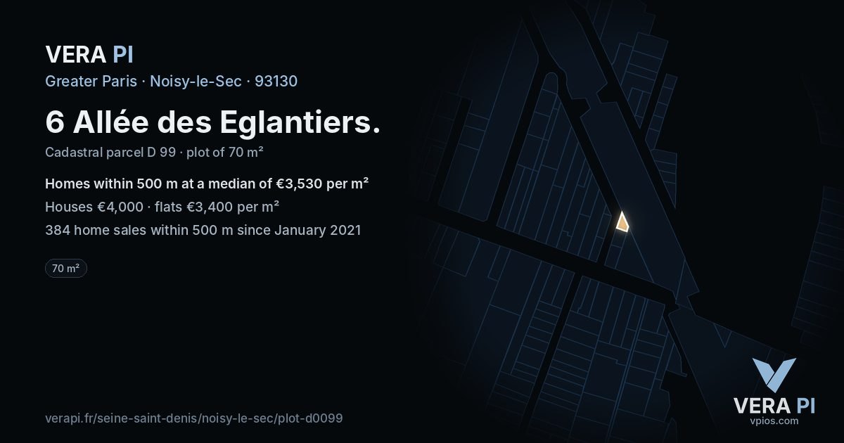 6 Allée des Eglantiers, Noisy-le-Sec at night – the plot lit, the parcels around coloured by the prices near them