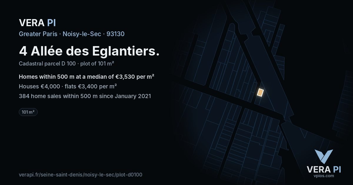4 Allée des Eglantiers, Noisy-le-Sec at night – the plot lit, the parcels around coloured by the prices near them