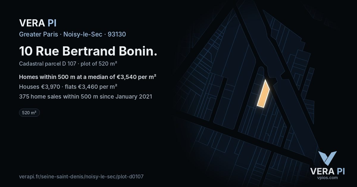 10 Rue Bertrand Bonin, Noisy-le-Sec at night – the plot lit, the parcels around coloured by the prices near them