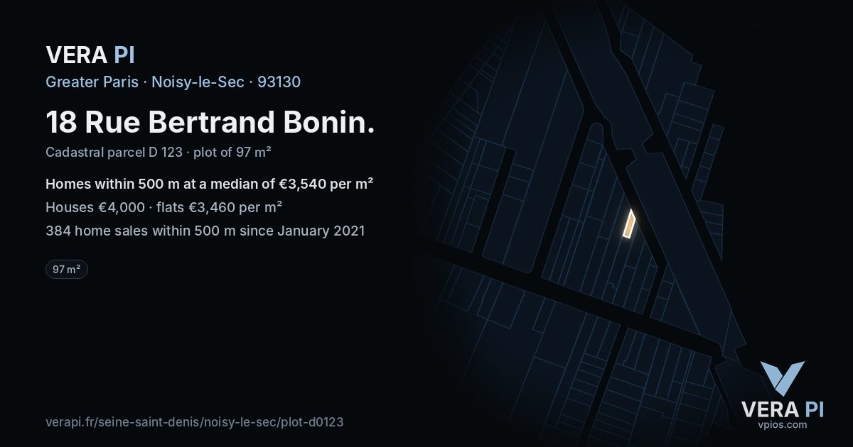18 Rue Bertrand Bonin, Noisy-le-Sec at night – the plot lit, the parcels around coloured by the prices near them