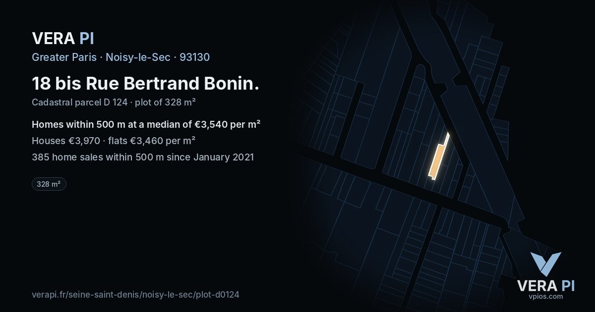 18 bis Rue Bertrand Bonin, Noisy-le-Sec at night – the plot lit, the parcels around coloured by the prices near them