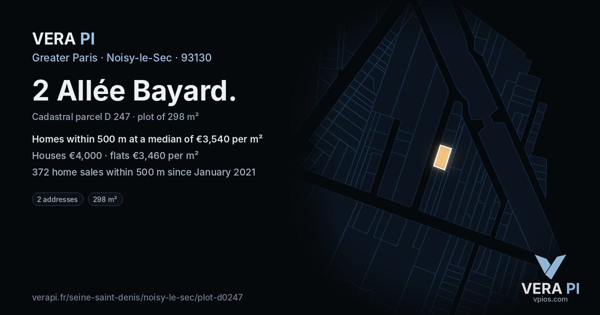 2 Allée Bayard, Noisy-le-Sec at night – the plot lit, the parcels around coloured by the prices near them