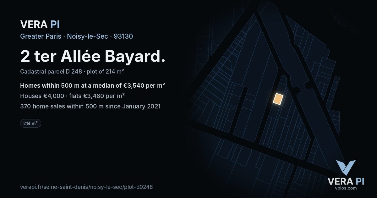 2 ter Allée Bayard, Noisy-le-Sec at night – the plot lit, the parcels around coloured by the prices near them