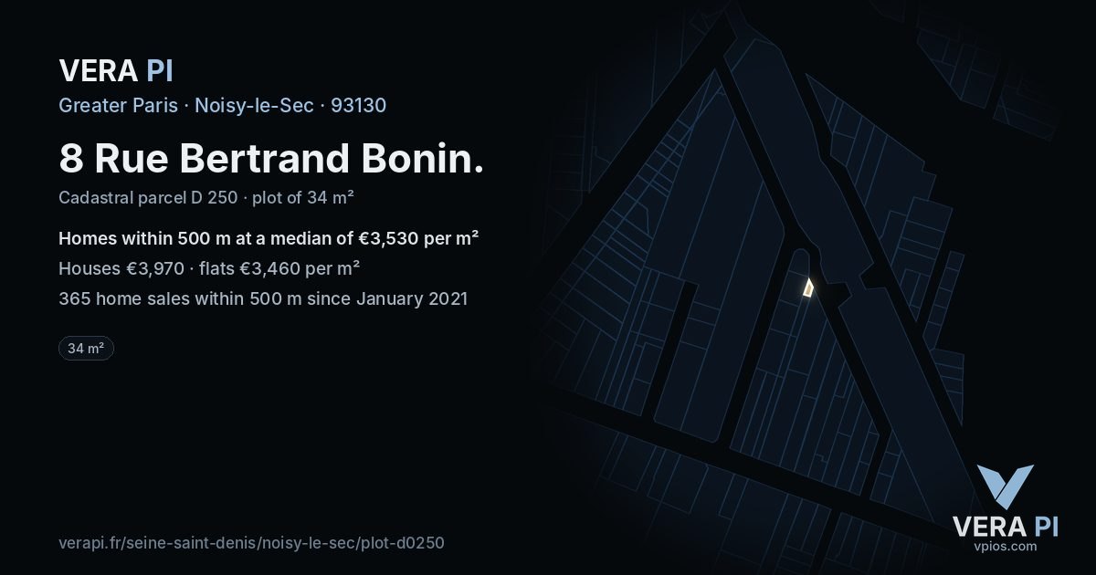 8 Rue Bertrand Bonin, Noisy-le-Sec at night – the plot lit, the parcels around coloured by the prices near them