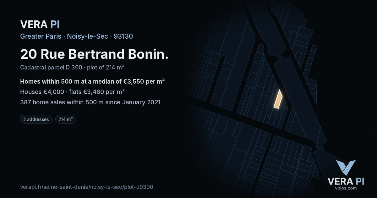 20 Rue Bertrand Bonin, Noisy-le-Sec at night – the plot lit, the parcels around coloured by the prices near them
