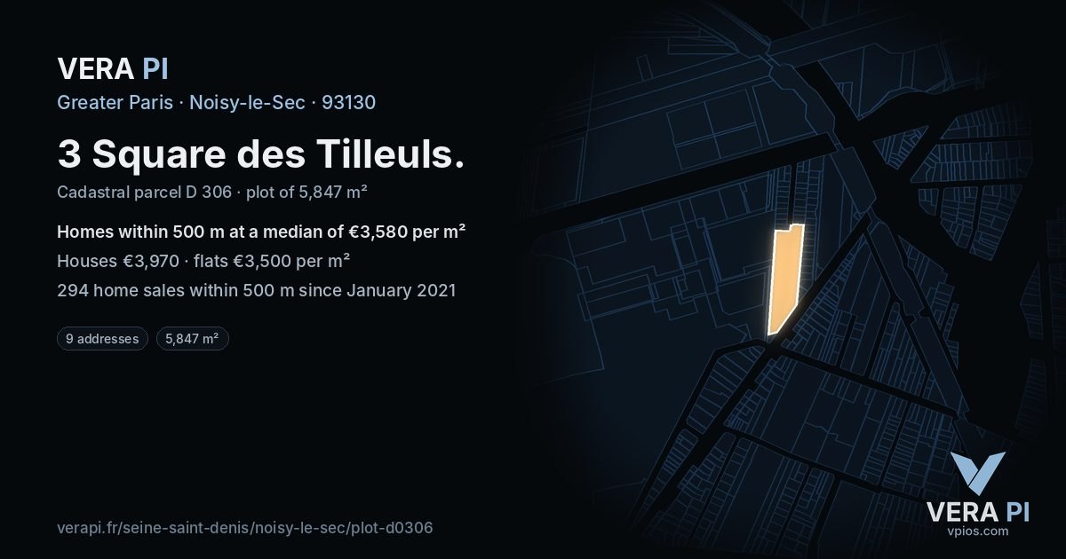 3 Square des Tilleuls, Noisy-le-Sec at night – the plot lit, the parcels around coloured by the prices near them