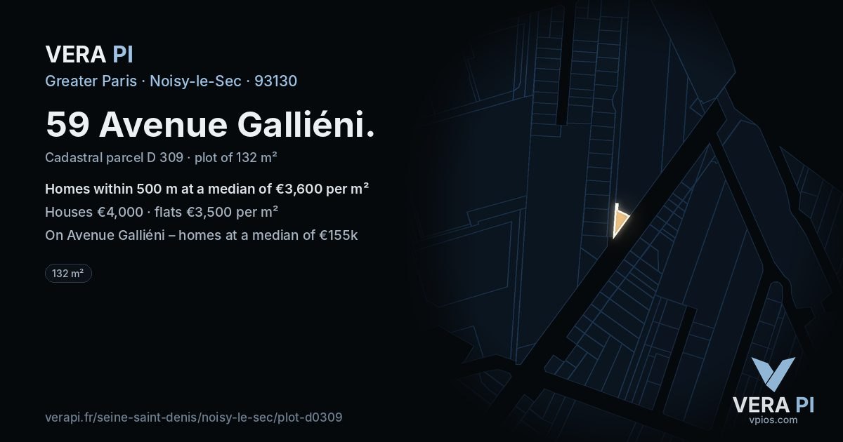 59 Avenue Galliéni, Noisy-le-Sec at night – the plot lit, the parcels around coloured by the prices near them