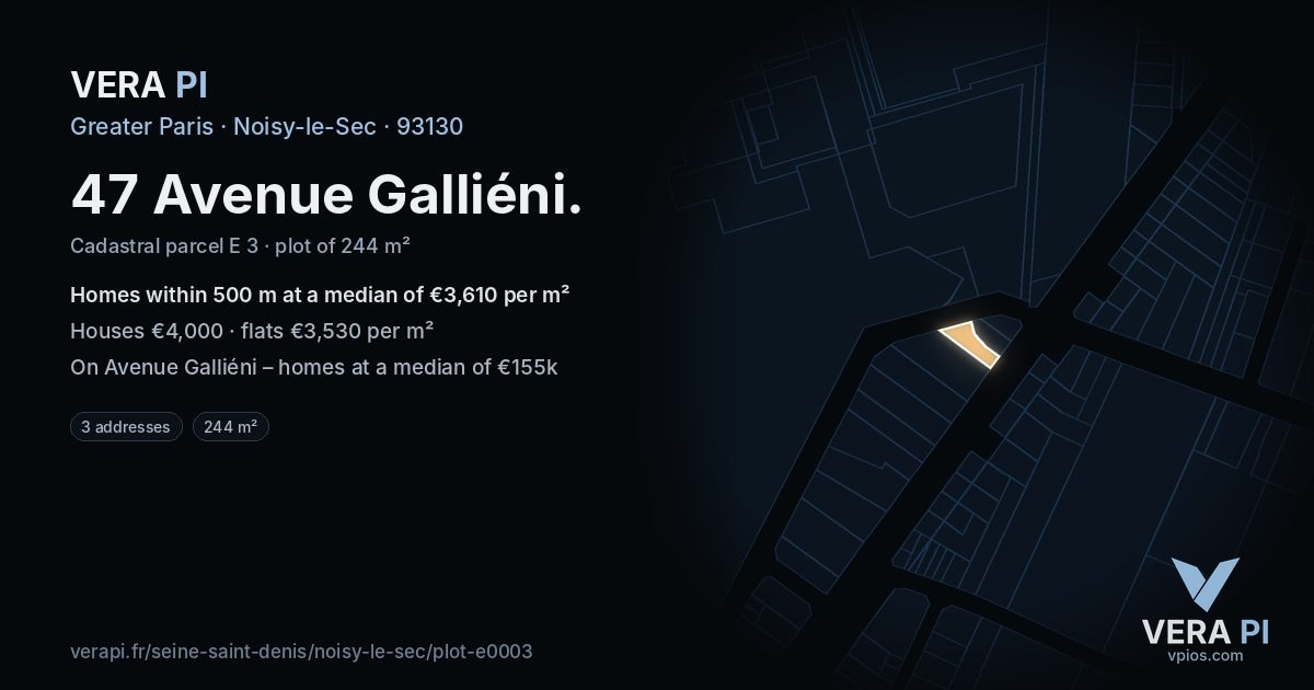 47 Avenue Galliéni, Noisy-le-Sec at night – the plot lit, the parcels around coloured by the prices near them