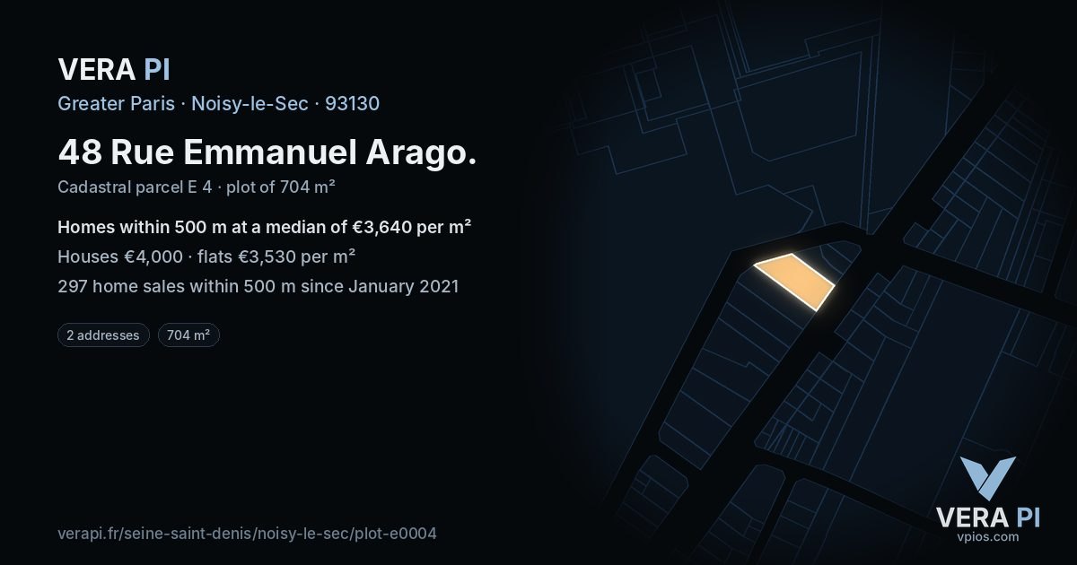 48 Rue Emmanuel Arago, Noisy-le-Sec at night – the plot lit, the parcels around coloured by the prices near them