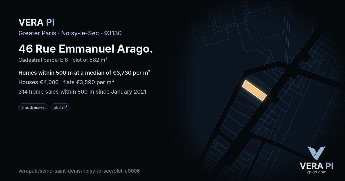 46 Rue Emmanuel Arago, Noisy-le-Sec at night – the plot lit, the parcels around coloured by the prices near them