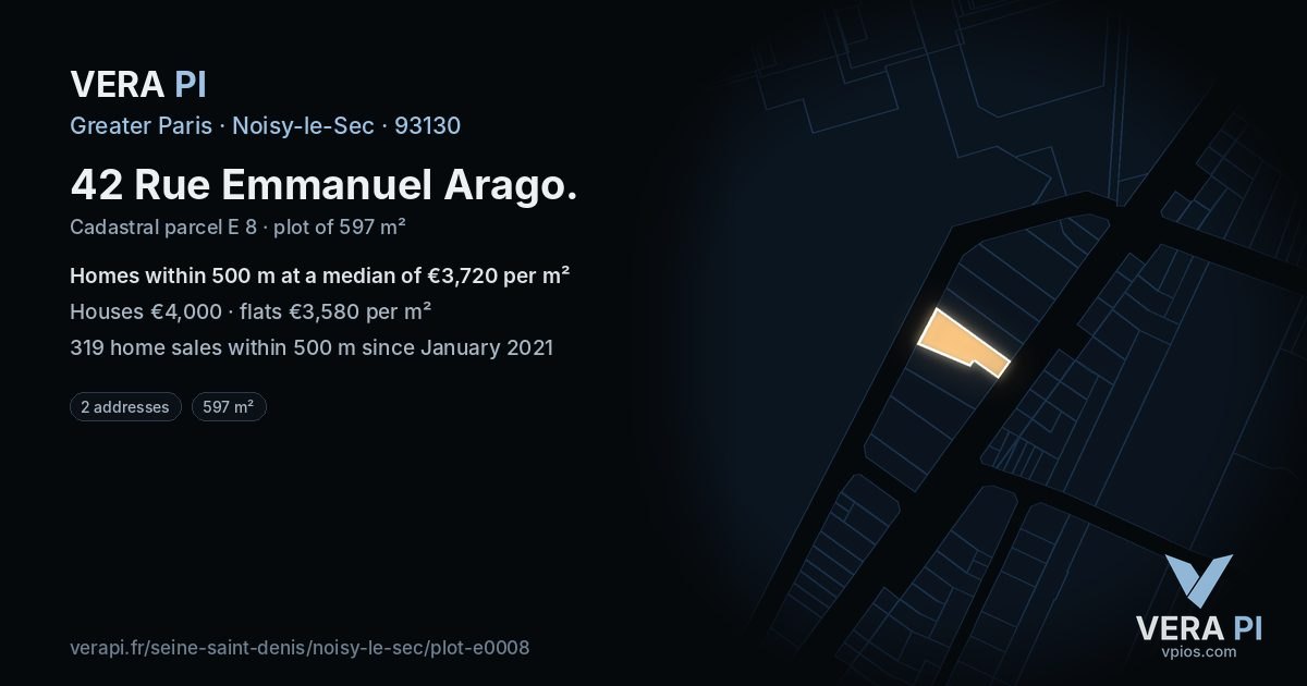42 Rue Emmanuel Arago, Noisy-le-Sec at night – the plot lit, the parcels around coloured by the prices near them