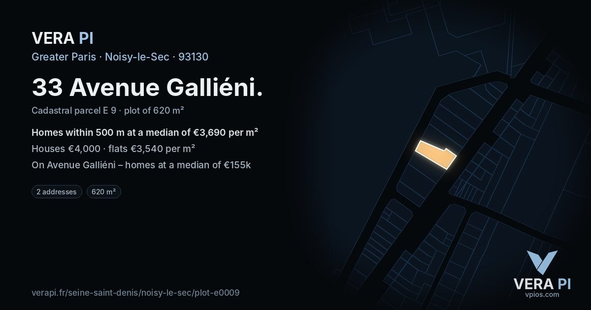 33 Avenue Galliéni, Noisy-le-Sec at night – the plot lit, the parcels around coloured by the prices near them
