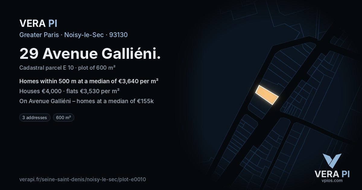 29 Avenue Galliéni, Noisy-le-Sec at night – the plot lit, the parcels around coloured by the prices near them