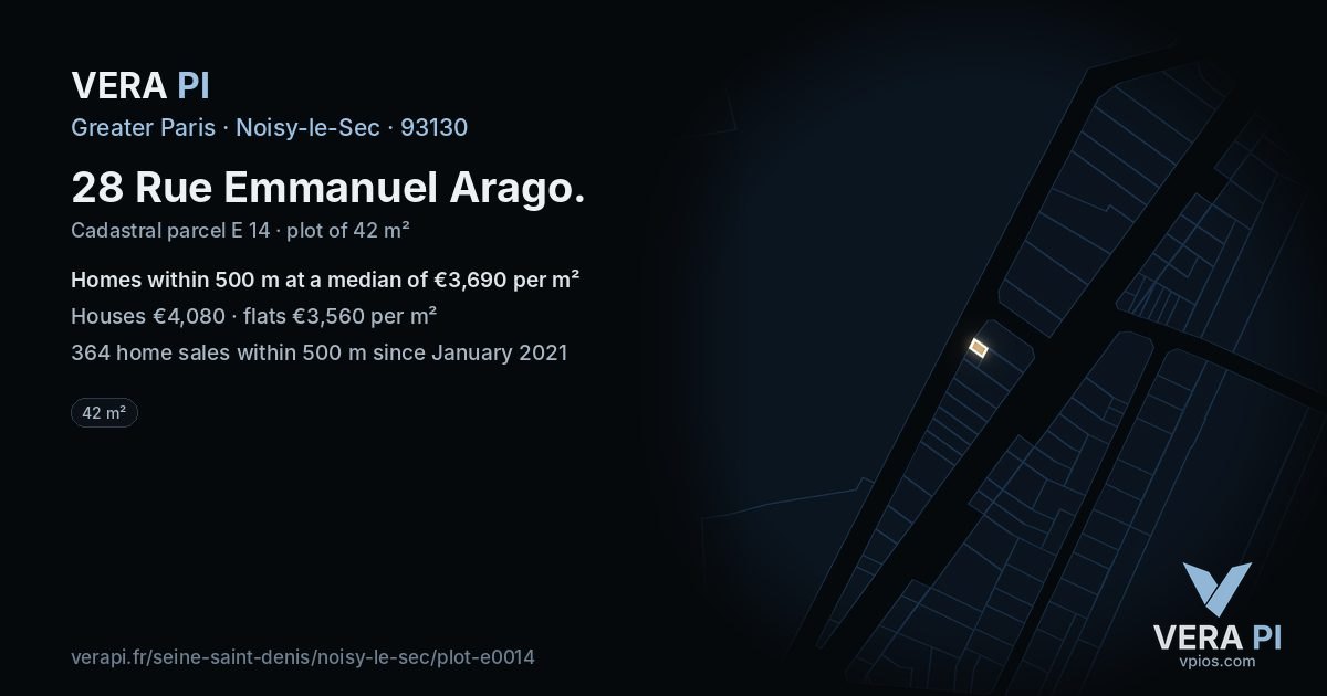 28 Rue Emmanuel Arago, Noisy-le-Sec at night – the plot lit, the parcels around coloured by the prices near them