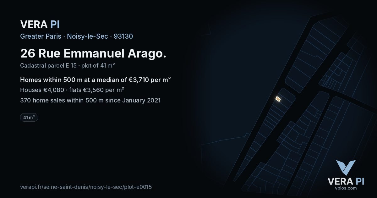 26 Rue Emmanuel Arago, Noisy-le-Sec at night – the plot lit, the parcels around coloured by the prices near them