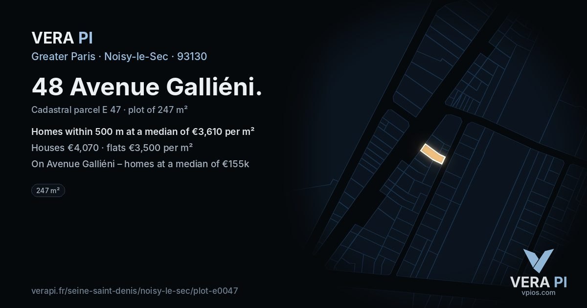 48 Avenue Galliéni, Noisy-le-Sec at night – the plot lit, the parcels around coloured by the prices near them