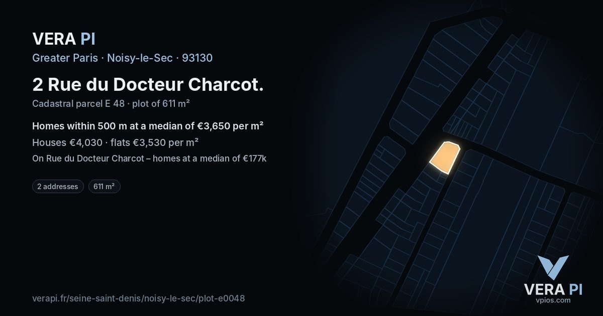 2 Rue du Docteur Charcot, Noisy-le-Sec at night – the plot lit, the parcels around coloured by the prices near them