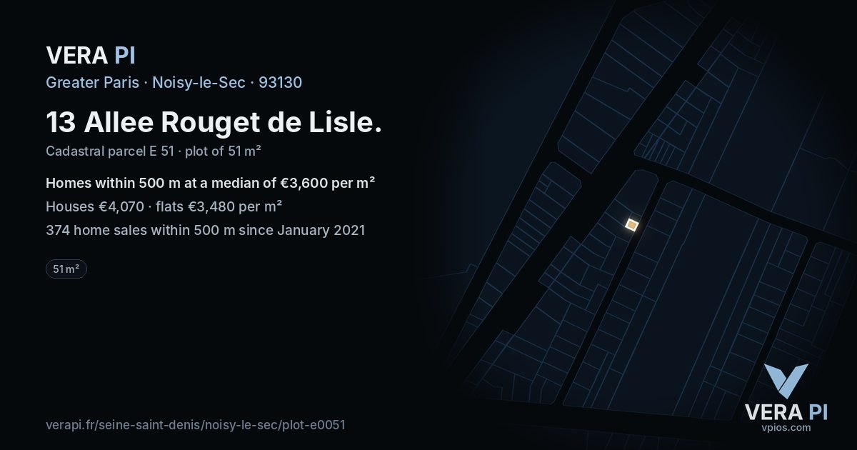 13 Allee Rouget de Lisle, Noisy-le-Sec at night – the plot lit, the parcels around coloured by the prices near them