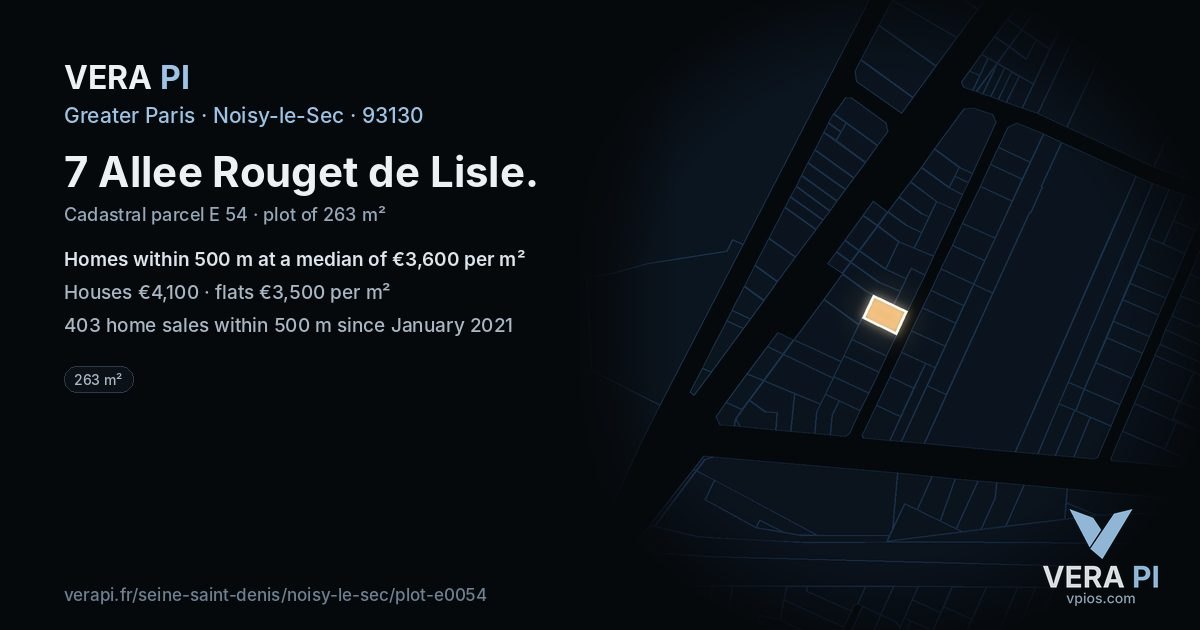 7 Allee Rouget de Lisle, Noisy-le-Sec at night – the plot lit, the parcels around coloured by the prices near them