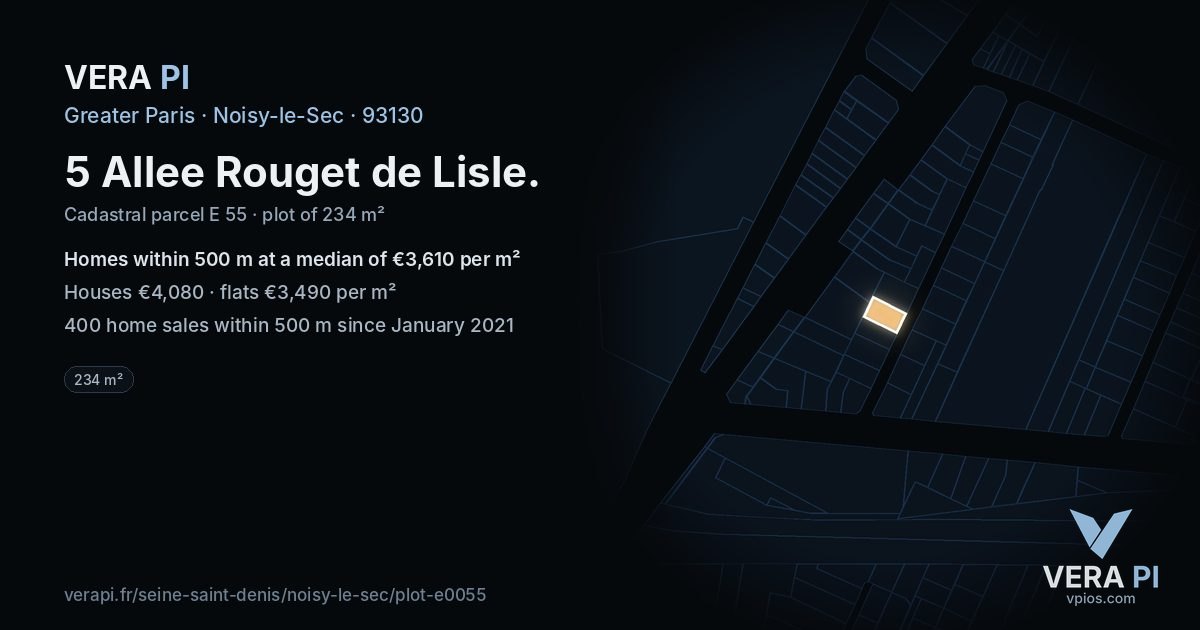 5 Allee Rouget de Lisle, Noisy-le-Sec at night – the plot lit, the parcels around coloured by the prices near them