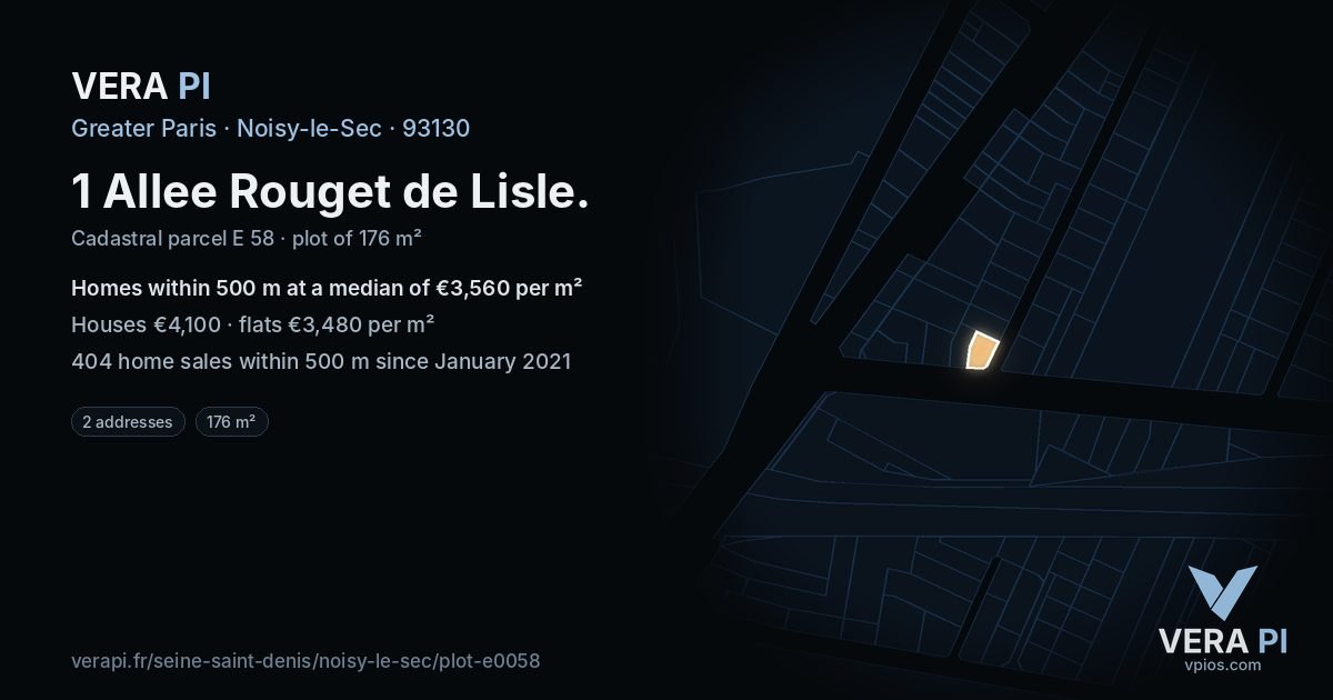 1 Allee Rouget de Lisle, Noisy-le-Sec at night – the plot lit, the parcels around coloured by the prices near them