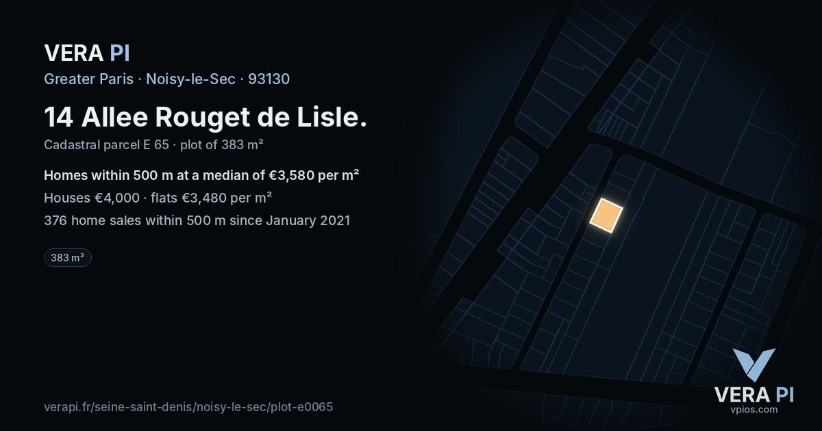 14 Allee Rouget de Lisle, Noisy-le-Sec at night – the plot lit, the parcels around coloured by the prices near them