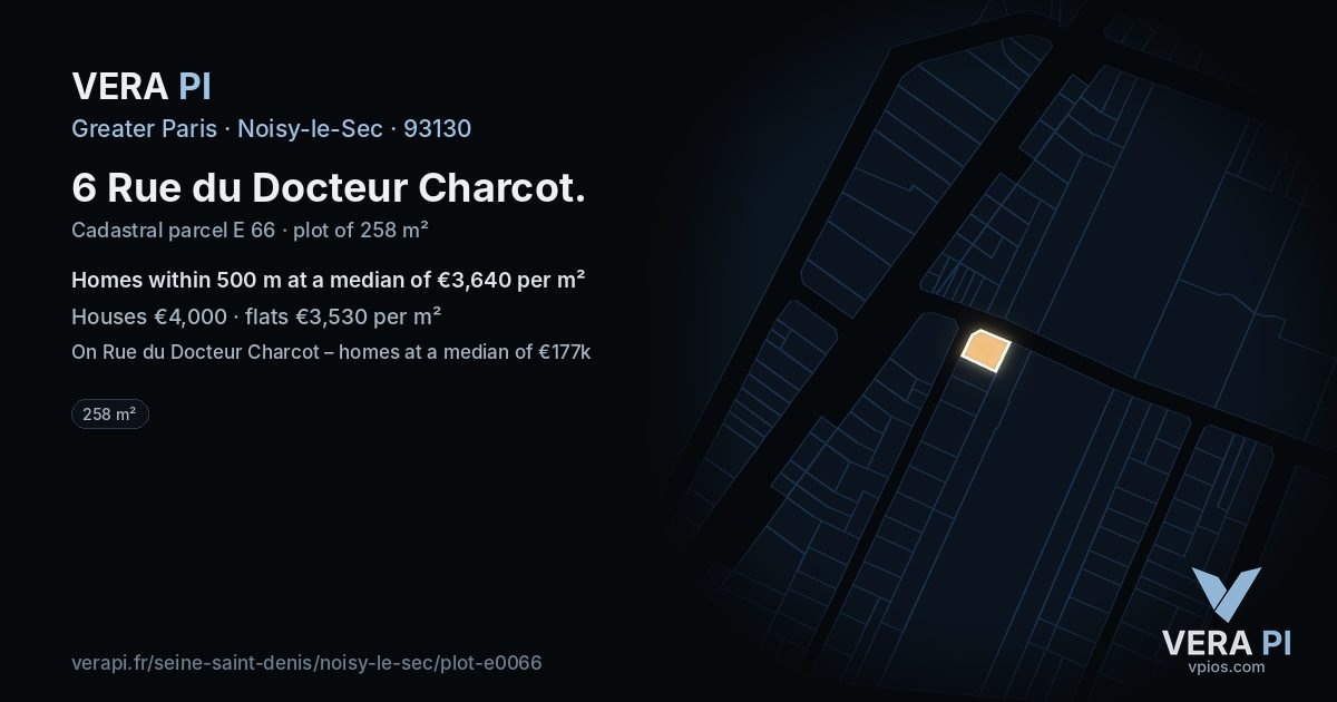 6 Rue du Docteur Charcot, Noisy-le-Sec at night – the plot lit, the parcels around coloured by the prices near them
