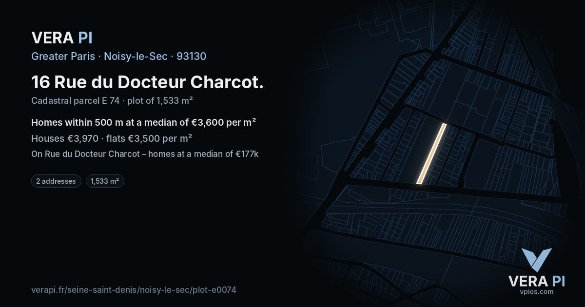 16 Rue du Docteur Charcot, Noisy-le-Sec at night – the plot lit, the parcels around coloured by the prices near them