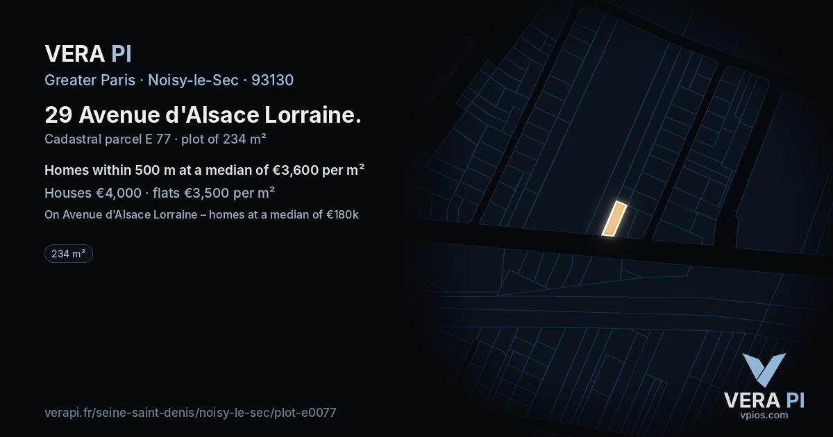 29 Avenue d'Alsace Lorraine, Noisy-le-Sec at night – the plot lit, the parcels around coloured by the prices near them