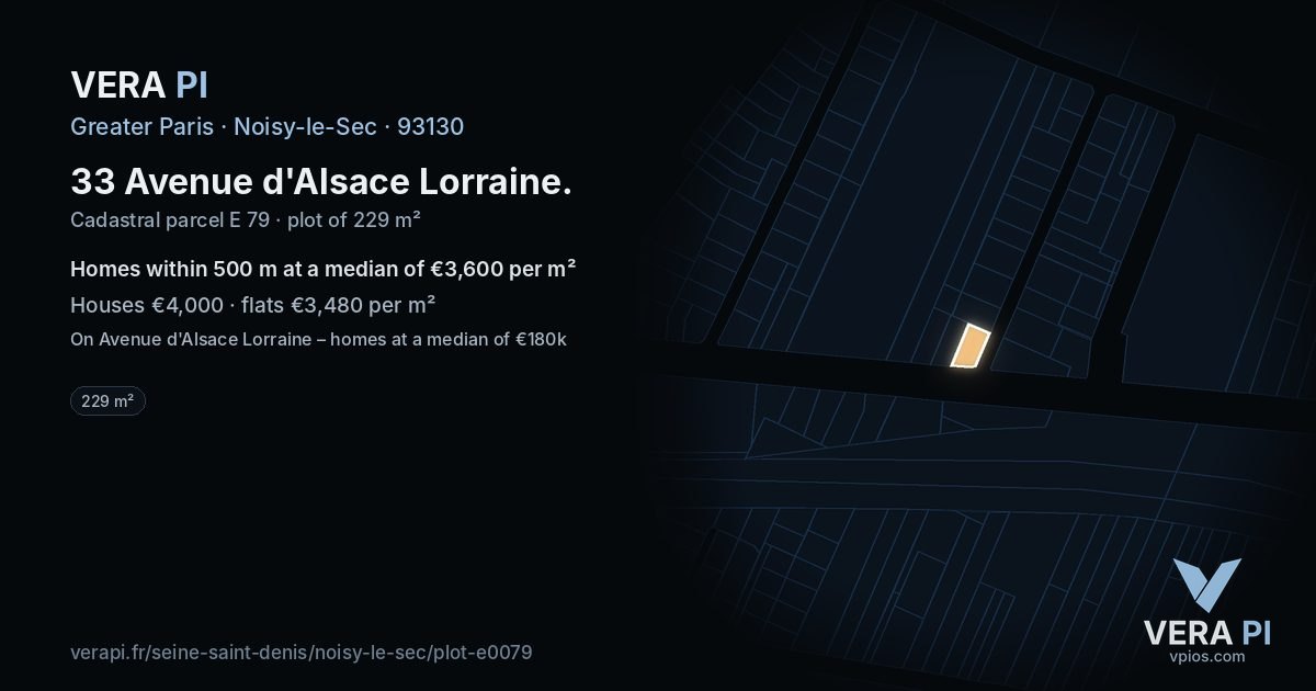 33 Avenue d'Alsace Lorraine, Noisy-le-Sec at night – the plot lit, the parcels around coloured by the prices near them
