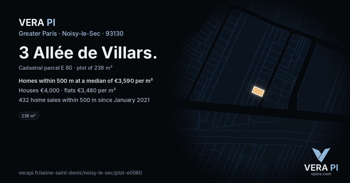 3 Allée de Villars, Noisy-le-Sec at night – the plot lit, the parcels around coloured by the prices near them