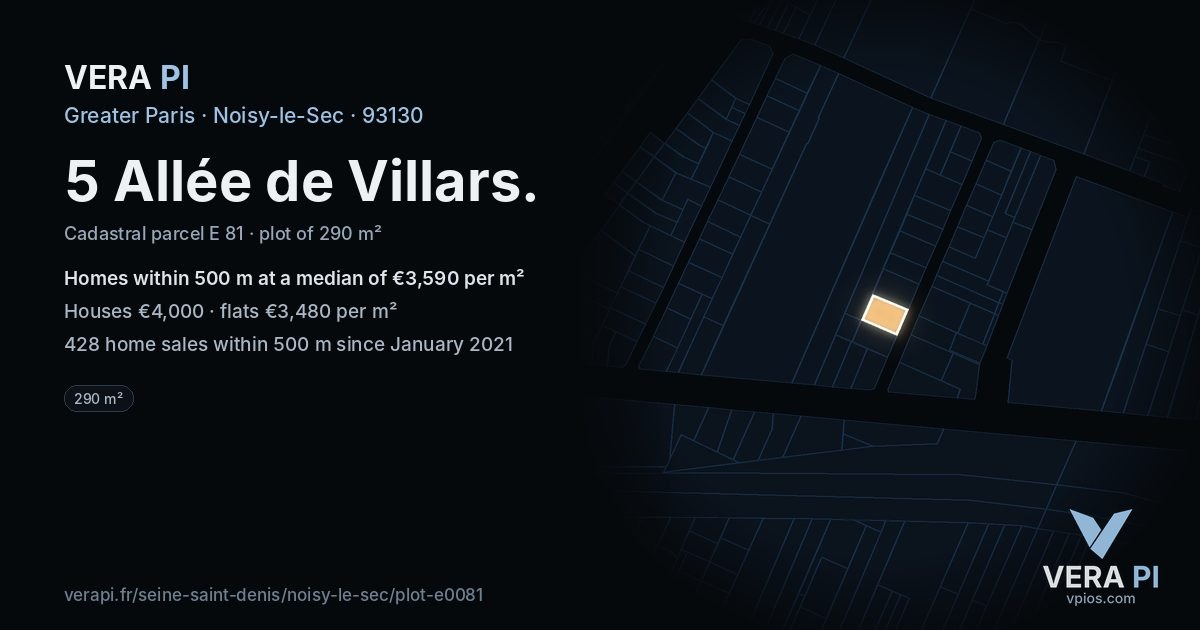5 Allée de Villars, Noisy-le-Sec at night – the plot lit, the parcels around coloured by the prices near them