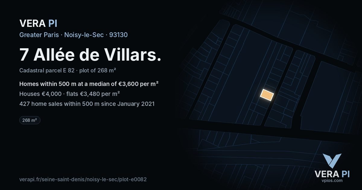 7 Allée de Villars, Noisy-le-Sec at night – the plot lit, the parcels around coloured by the prices near them