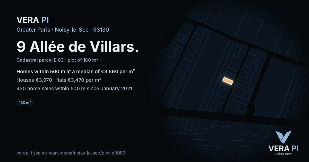 9 Allée de Villars, Noisy-le-Sec at night – the plot lit, the parcels around coloured by the prices near them
