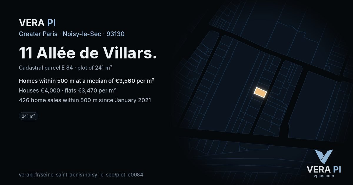 11 Allée de Villars, Noisy-le-Sec at night – the plot lit, the parcels around coloured by the prices near them