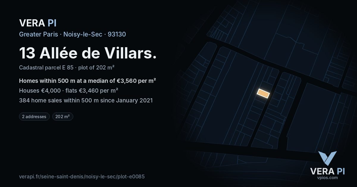 13 Allée de Villars, Noisy-le-Sec at night – the plot lit, the parcels around coloured by the prices near them