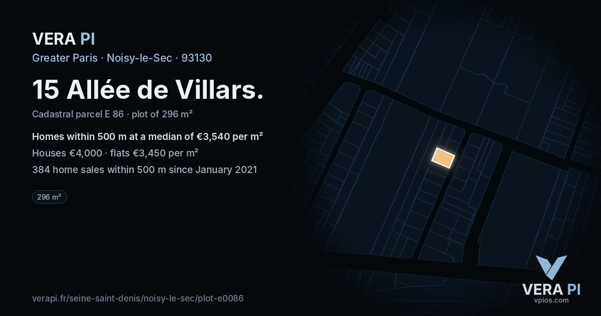 15 Allée de Villars, Noisy-le-Sec at night – the plot lit, the parcels around coloured by the prices near them