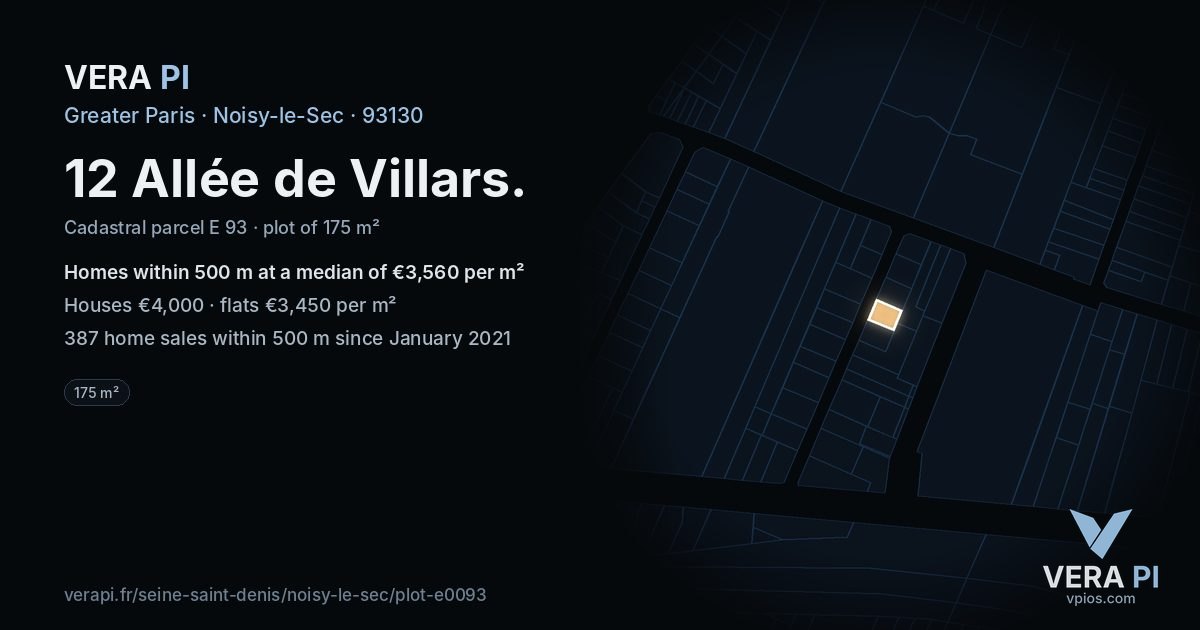 12 Allée de Villars, Noisy-le-Sec at night – the plot lit, the parcels around coloured by the prices near them