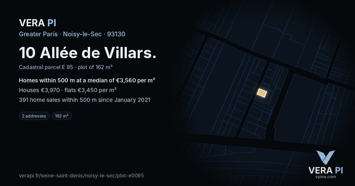 10 Allée de Villars, Noisy-le-Sec at night – the plot lit, the parcels around coloured by the prices near them